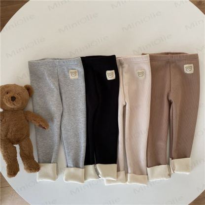 幼児用クマのワッペン付きリブ編みフリース裏地付きレギンス - image 1