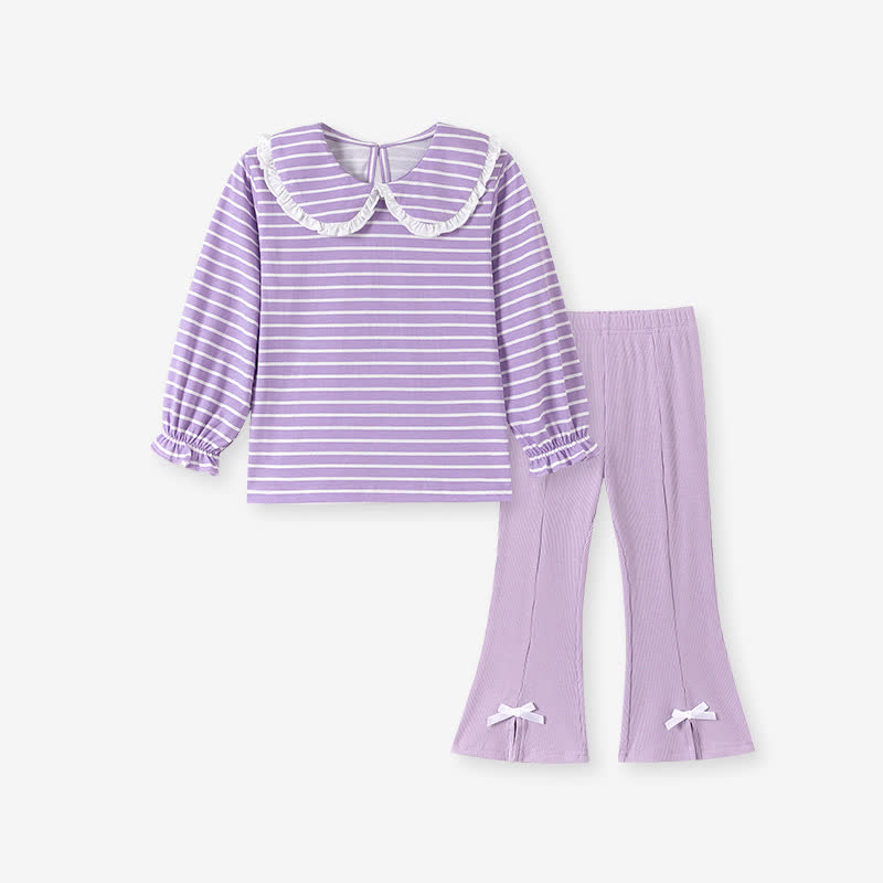 幼児用女の子向けパープルストライプトップスとフレアパンツのツーピースセット - 紫 - 7歳 - image 2
