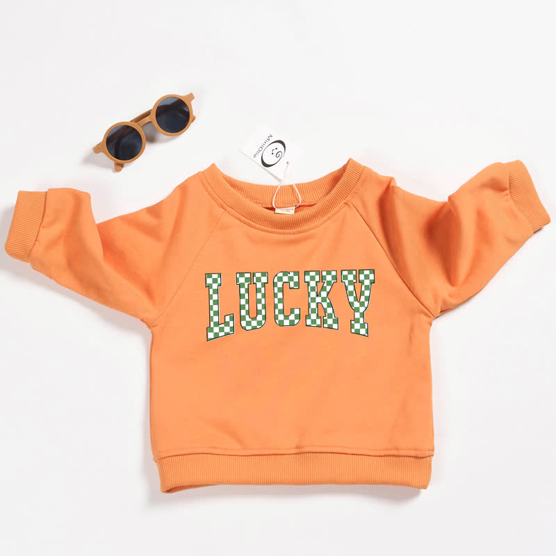 LUCKY幼児用チェック柄スローガン入りオレンジスウェットシャツ - オレンジ - 3～5歳 - image 1