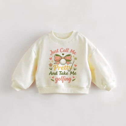 「MEを可愛いと呼んで、ゴルフに連れてって」ベビー幼児用リボン付きクリームスウェットシャツ - クリーム - 3～5歳 - image 1