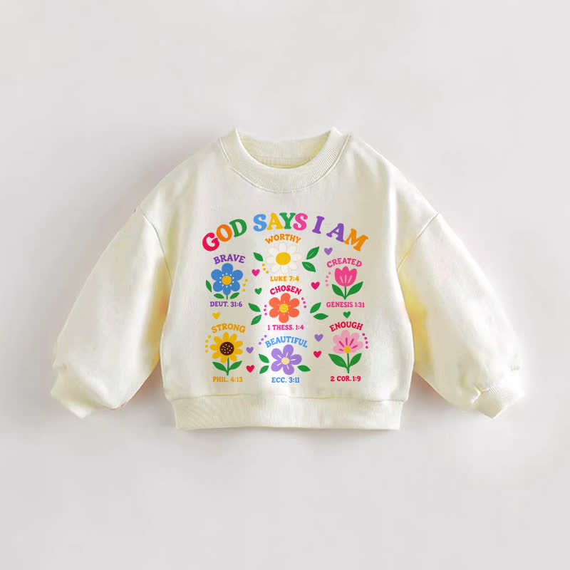 GOD SAYS I AM BRAVE WORTHY CREATED CHOSEN STRONG BEAUTIFUL ENOUGH。ベビー幼児用花柄クリームスウェットシャツ - クリーム - 3～5歳 - image 1