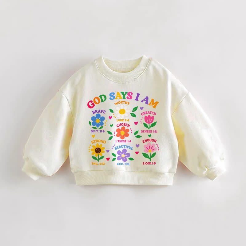 GOD SAYS I AM BRAVE WORTHY CREATED CHOSEN STRONG BEAUTIFUL ENOUGH。ベビー幼児用花柄クリームスウェットシャツ - クリーム - 3～5歳 - image 1