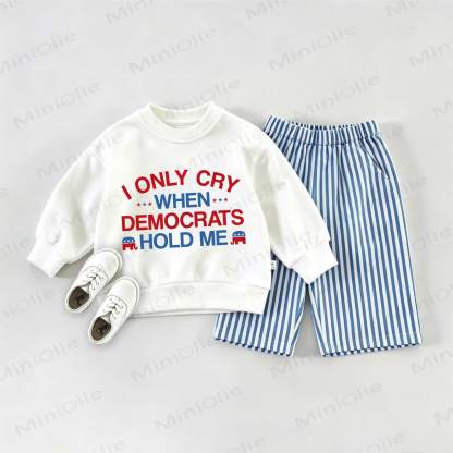 I ONLY CRY WHEN DEMOCRATS HOLD MEベビー用スウェットシャツとストライプパンツのセット - ホワイト＆ブルー - 2～3歳 - image 1
