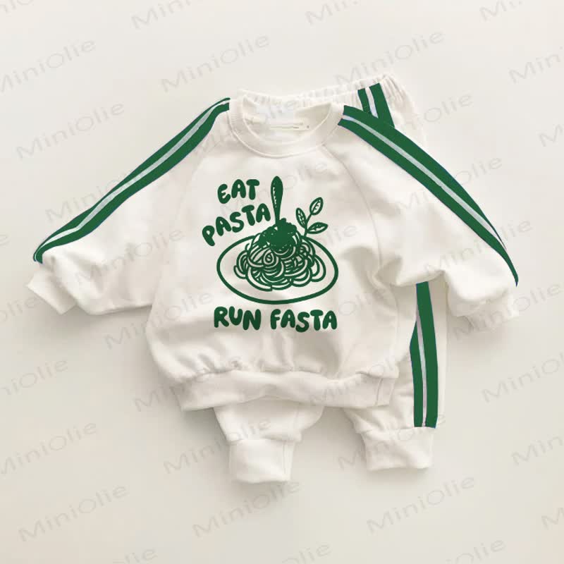 EAT PASTA RUN FASTAベビー幼児用グリーンストライプ2点セット - ホワイト＆グリーン - 3～5歳 - image 1