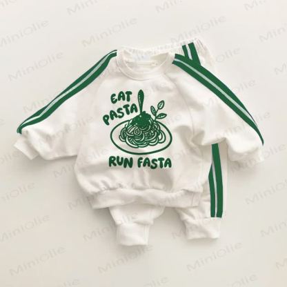 EAT PASTA RUN FASTAベビー幼児用グリーンストライプ2点セット - ホワイト＆グリーン - 3～5歳 - image 1