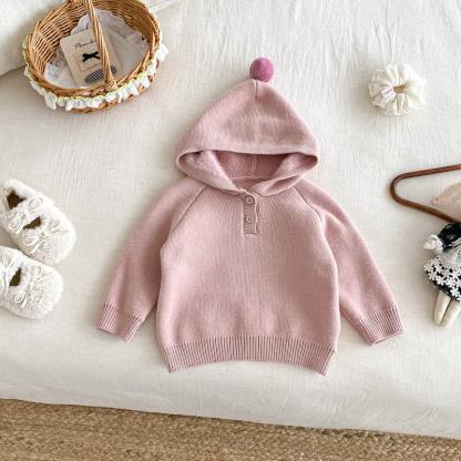 ベビー・幼児用女の子向けポンポン付きフード付きニットプルオーバーセーター - ピンク - 2～3歳 - image 2
