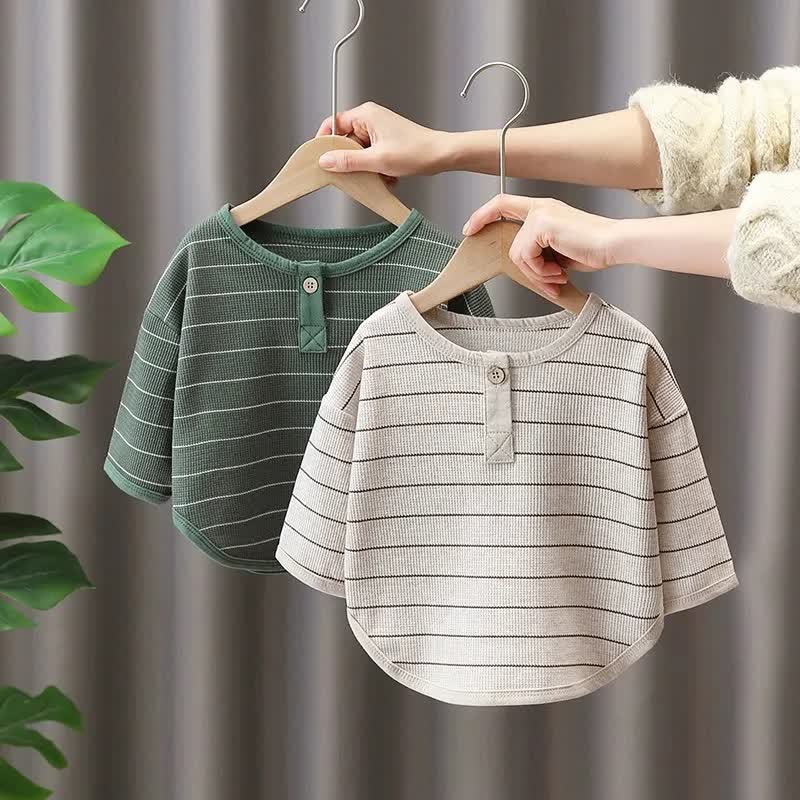 幼児男の子用ストライプヘンリーネックカーブヘムTシャツ - image 1