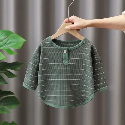 幼児男の子用ストライプヘンリーネックカーブヘムTシャツ - 緑 - 6～7歳 - image 2