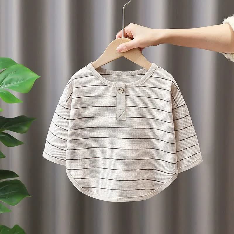幼児男の子用ストライプヘンリーネックカーブヘムTシャツ - ベージュ - 6～7歳 - image 3