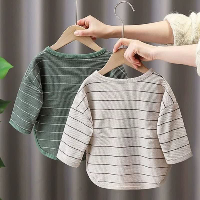 幼児男の子用ストライプヘンリーネックカーブヘムTシャツ - image 4