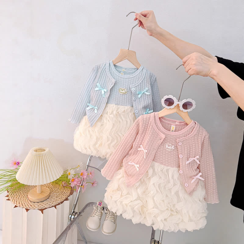 ベビー・幼児用女の子向けピンクのリボン付きニットカーディガンとチュールDressの2点セット - image 1