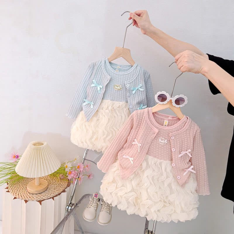 ベビー・幼児用女の子向けピンクのリボン付きニットカーディガンとチュールDressの2点セット - image 1