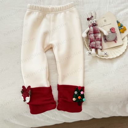 幼児用フリース裏地付きクリスマス鹿柄レギンス - ベージュ - 8-9T - image 1