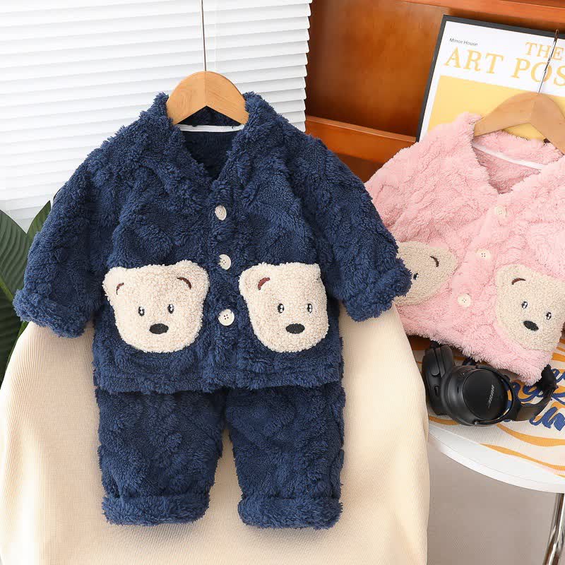 ベビー・幼児用 クマ柄ポケット付きフリースパジャマ 2点セット - image 1
