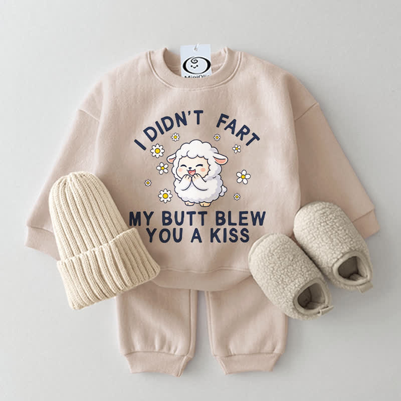 おならはしてないよ、MY尻からキスしたんだよ！ 子羊柄ベージュツーピースセット - ベージュ - 2～3歳 - image 1