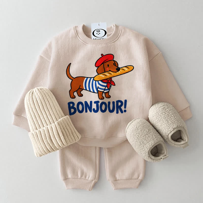 BONJOUR!ダックスフンド柄ベビースウェットシャツ2点セット - ベージュ - 2～3歳 - image 2