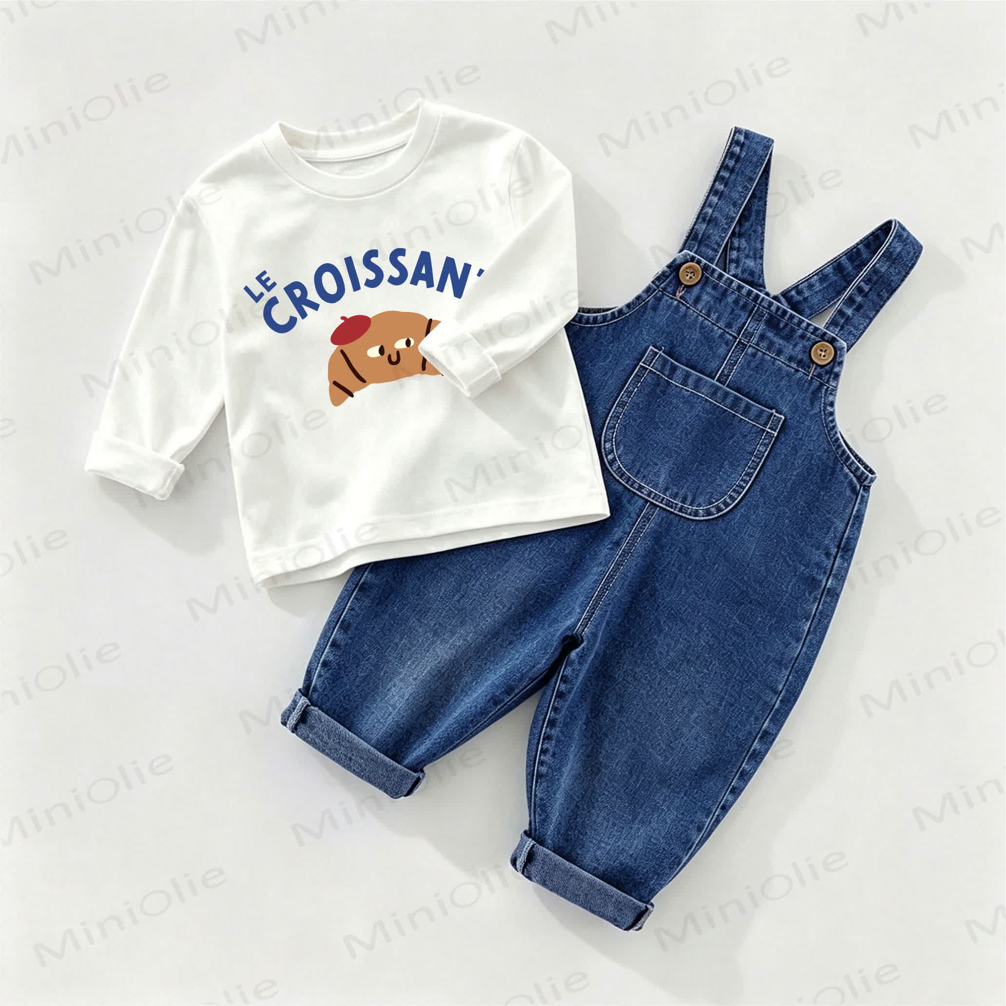 LE CROISSANTベビーデニムオーバーオール＆Tシャツ 2点セット - ホワイト＆ブルー - 2～3歳 - image 1