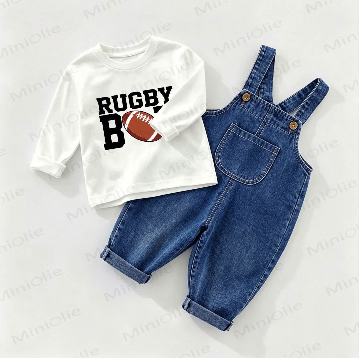 RUGBY BOYベビーデニムオーバーオール＆Tシャツ 2点セット - ホワイト＆ブルー - 2～3歳 - image 1
