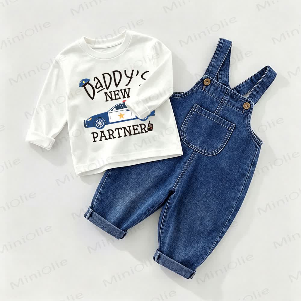 DADDY'S NEW PARTNERベビーデニムオーバーオール＆Tシャツ 2点セット - ホワイト＆ブルー - 2～3歳 - image 1