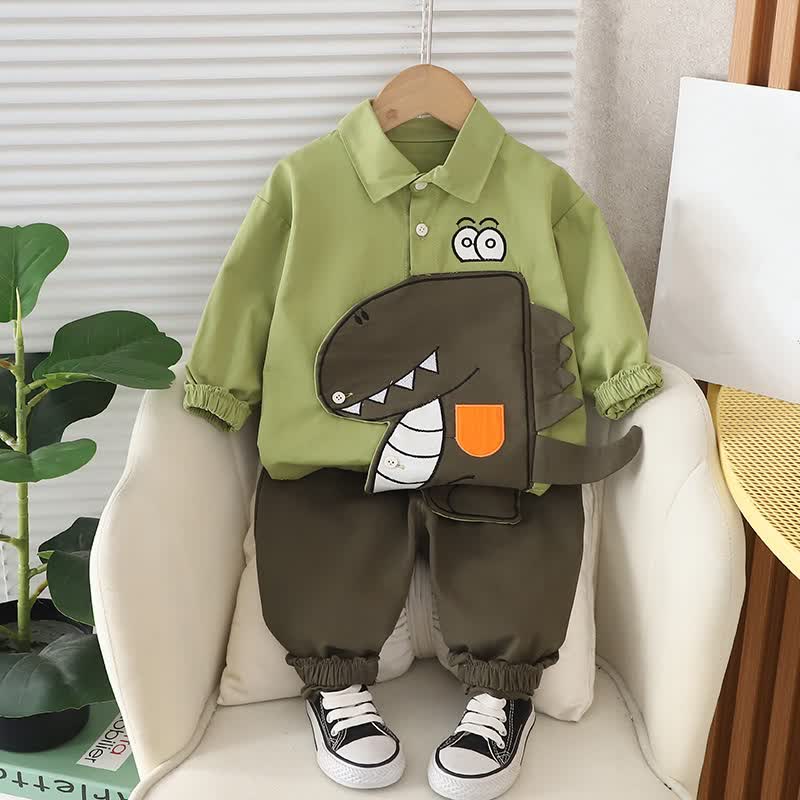 幼児用恐竜アップリケ付きシャツとジョガーパンツのツーピースセット - 緑 - 4～5歳 - image 3