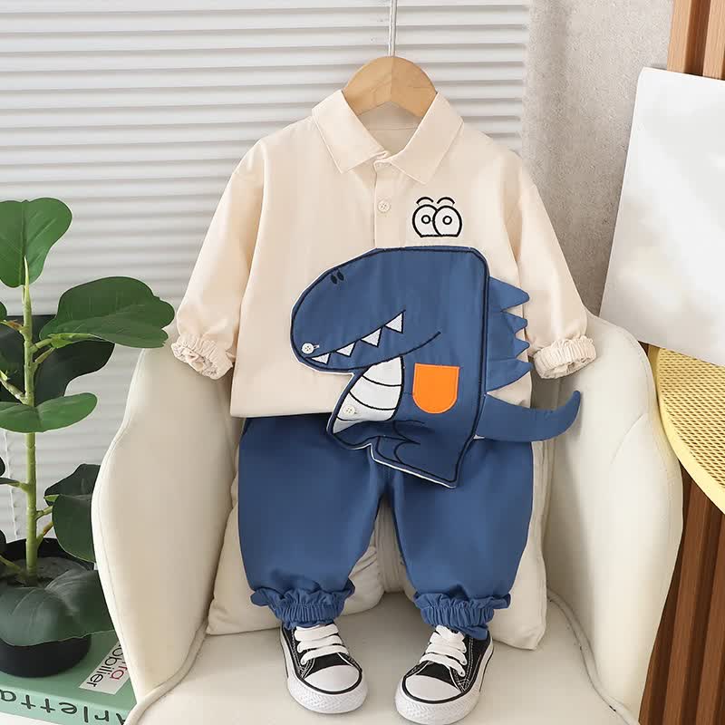 幼児用恐竜アップリケ付きシャツとジョガーパンツのツーピースセット - 青 - 4～5歳 - image 2