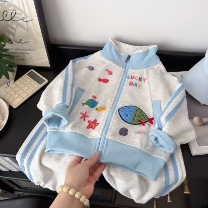 LUCKY DAY幼児用オーシャン刺繍入りトラックジャケット＆パンツセット - グレー - 10-11歳 - image 1