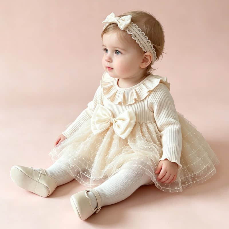 ベビーガールズ用ベージュフリル襟リボンチュールDress - image 1