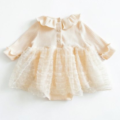 ベビーガールズ用ベージュフリル襟リボンチュールDress - image 3