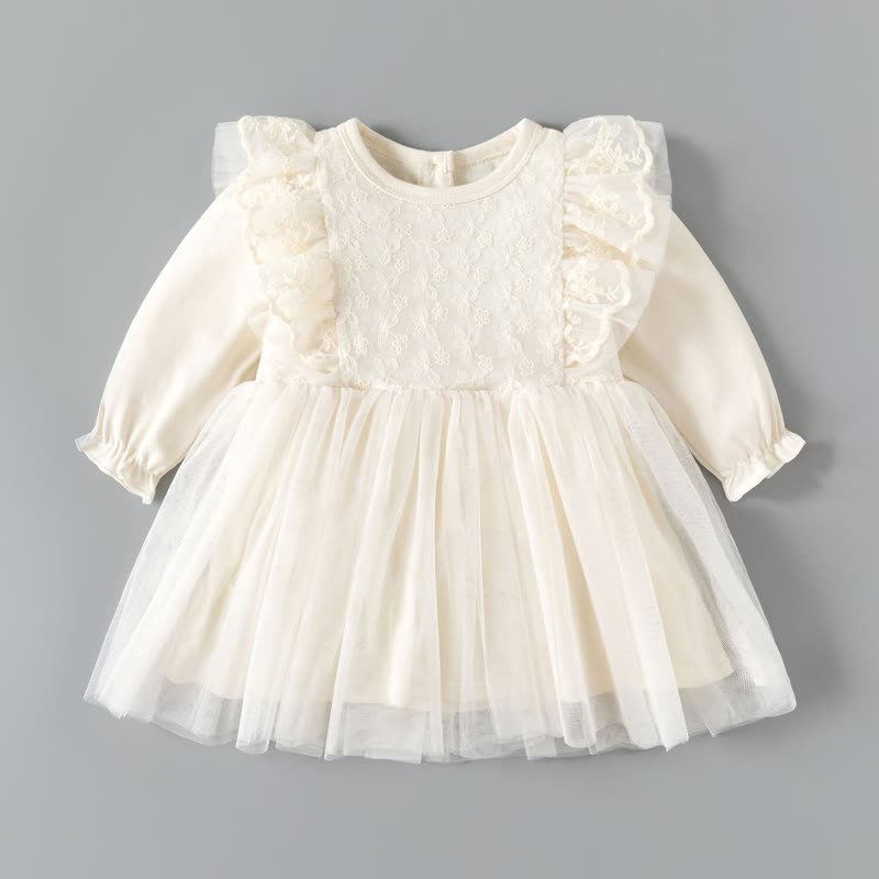 ベビーベージュのレースフリルチュール長袖Dress - ベージュ - 24-48M - image 1