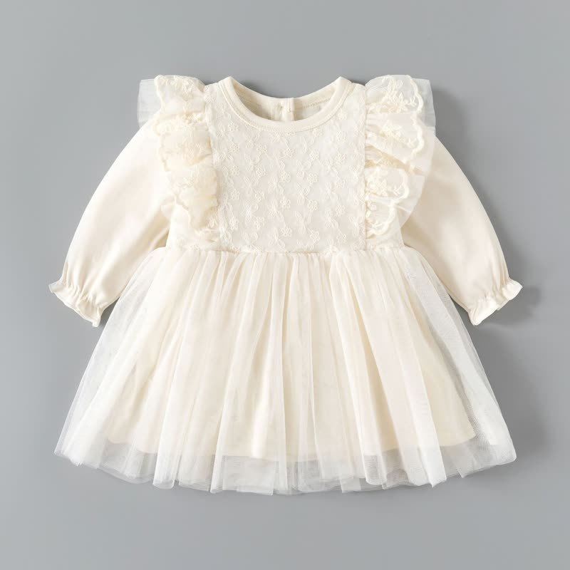 ベビーベージュのレースフリルチュール長袖Dress - ベージュ - 24-48M - image 1