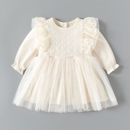 ベビーベージュのレースフリルチュール長袖Dress - ベージュ - 24-48M - image 1