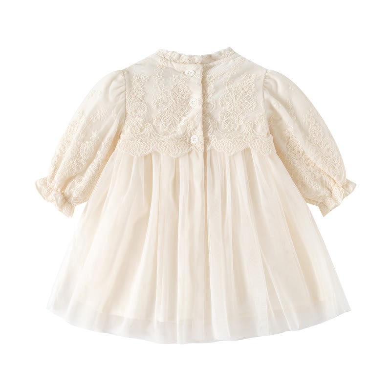 ベビーガール用ベージュレースパフスリーブチュールDress - image 3
