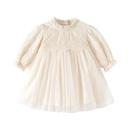 ベビーガール用ベージュレースパフスリーブチュールDress - ベージュ - 24-36M - image 2