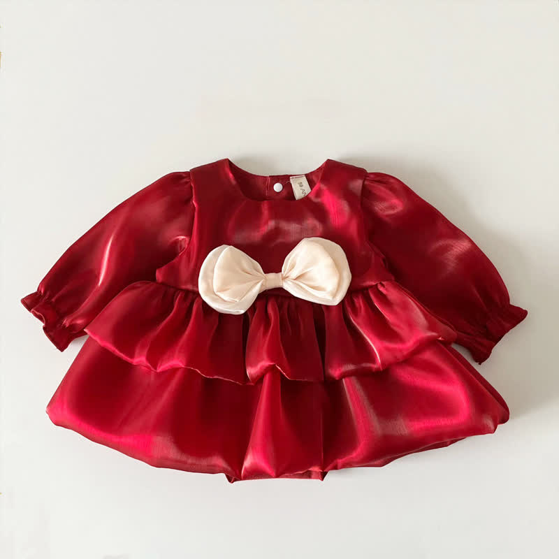 ベビーガールズ用リボン付きサテン長袖Dress - 赤 - 12～24ヶ月 - image 4