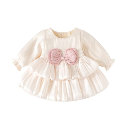 ベビーガールズ用リボン付きサテン長袖Dress - ベージュ - 12～24ヶ月 - image 2
