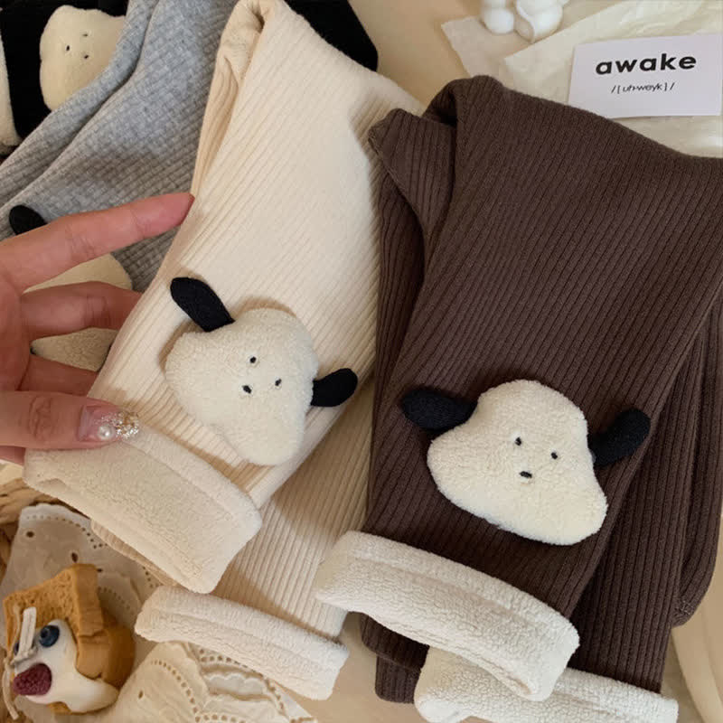 幼児用子犬アップリケ付きフリースリブ編みレギンス - image 1