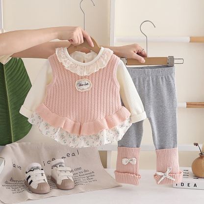 ベビー・幼児用 女の子用 レース襟 花柄ペプラム 3点セット - ピンク - 4～5歳 - image 3