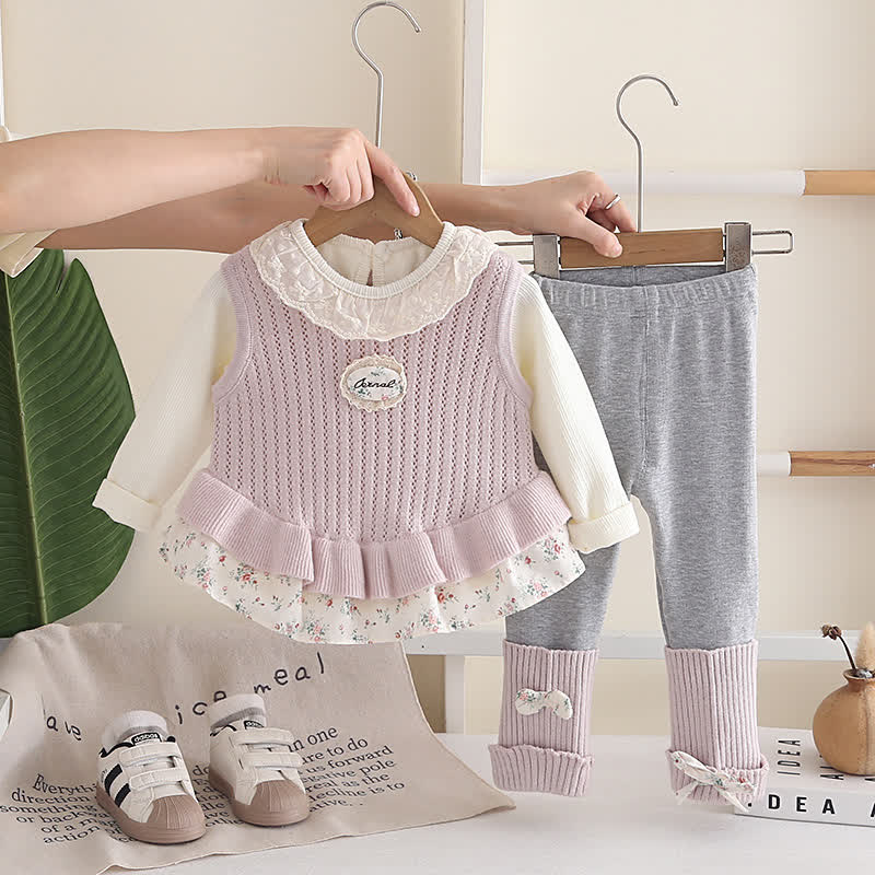 ベビー・幼児用 女の子用 レース襟 花柄ペプラム 3点セット - 紫 - 4～5歳 - image 2