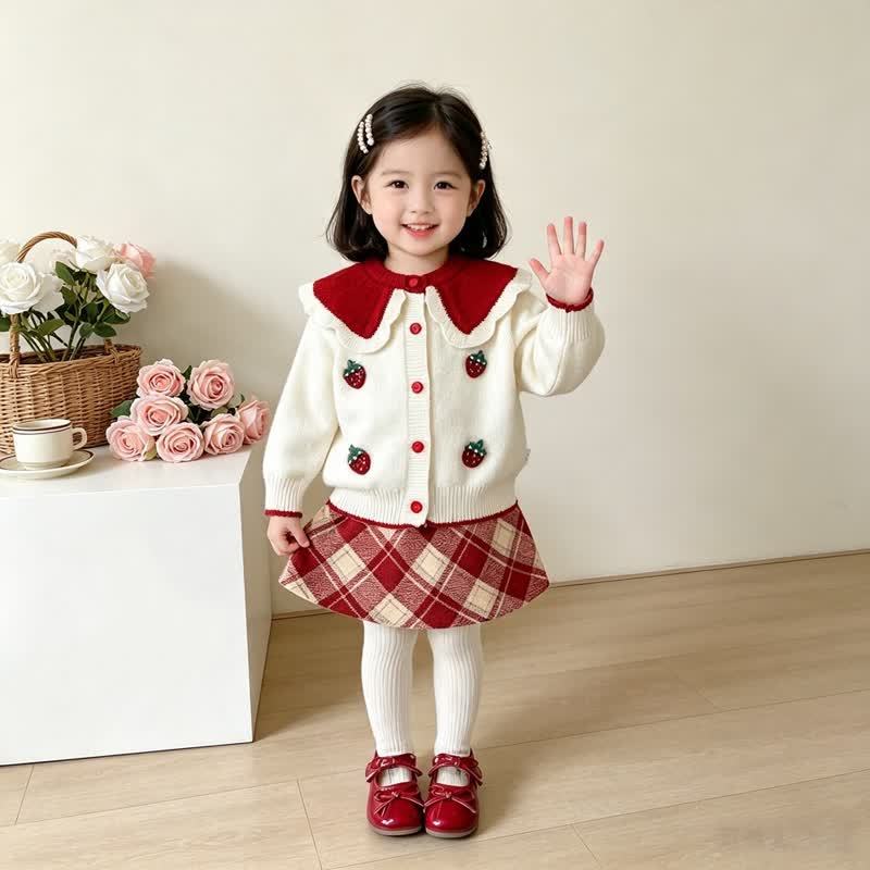 幼児用女の子向けイチゴ柄ニットカーディガン＆スカート2点セット - image 1