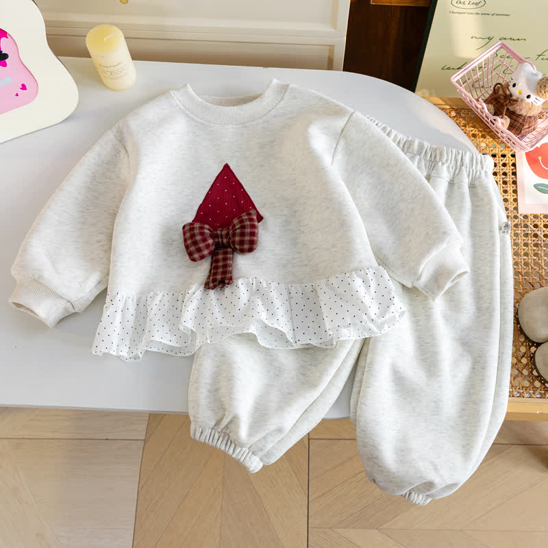 幼児用ベビーグレーリボン水玉フリルスウェットシャツ＆パンツ2点セット - グレー - 5.5-6.5T - image 1