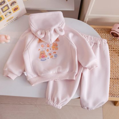 ベビー幼児用ピンククマ耳フード付きパーカー＆ジョガーパンツ2点セット - image 2