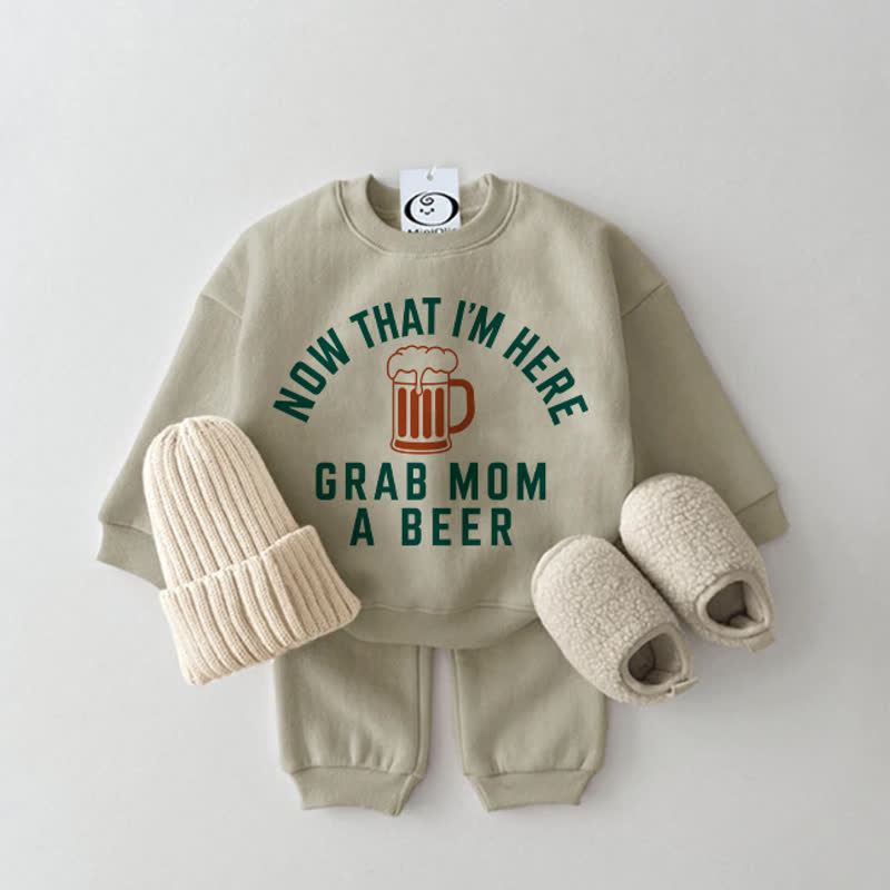 せっかく来たんだから、MOMにビールを買ってI'M HERE！ベビーグレーグリーンスウェットシャツ2点セット - グレーグリーン - 2～3歳 - image 1