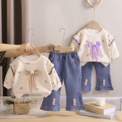 幼児用女の子向けチュールリボンパッチ付きトップスとジーンズのツーピースセット - image 1