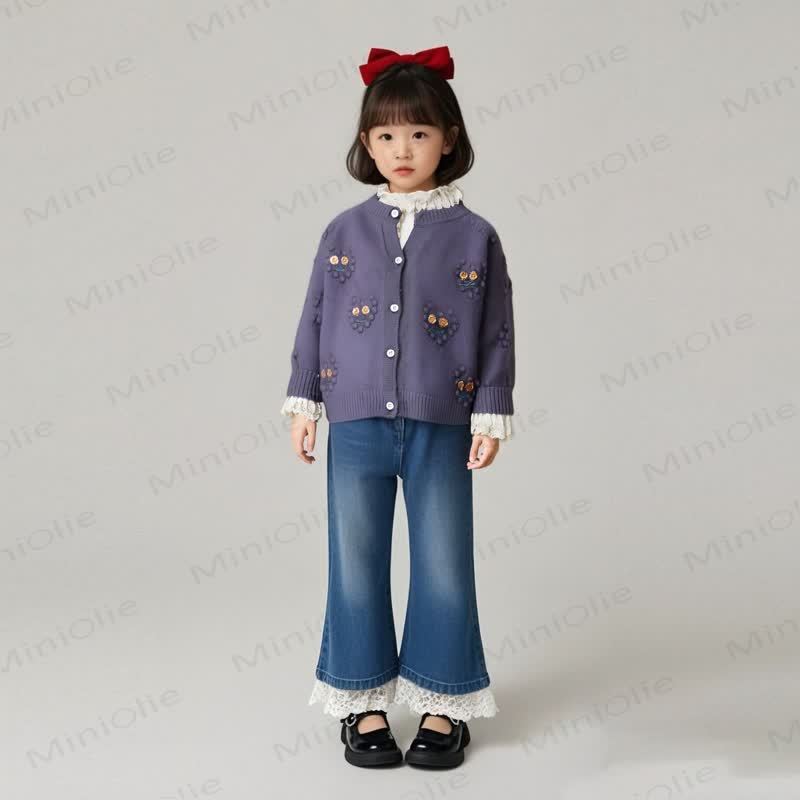 幼児用ハートフラワーパープルキャディガン - image 3