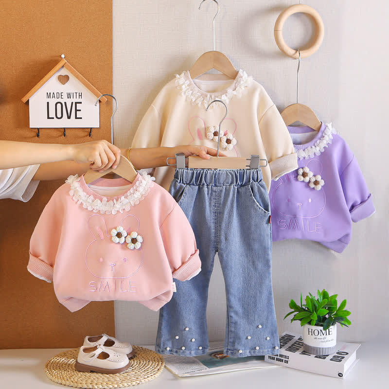 SMILE幼児用ベビーガール 花柄うさぎ柄トップスとデニムパンツ 2点セット - image 1
