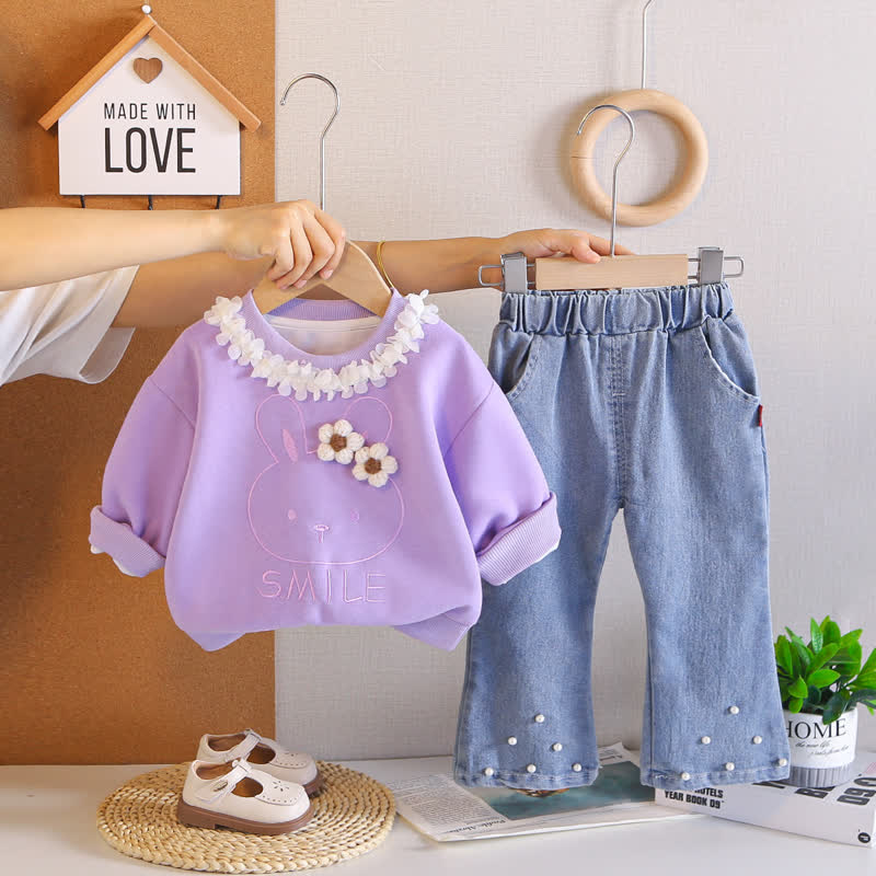 SMILE幼児用ベビーガール 花柄うさぎ柄トップスとデニムパンツ 2点セット - 紫 - 4～5歳 - image 3