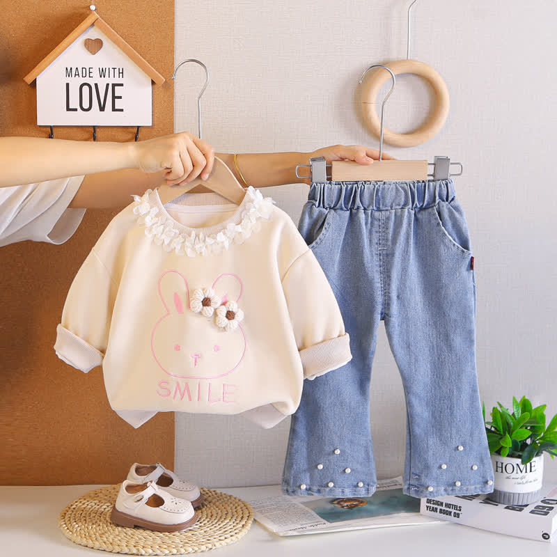 SMILE幼児用ベビーガール 花柄うさぎ柄トップスとデニムパンツ 2点セット - ベージュ - 4～5歳 - image 4