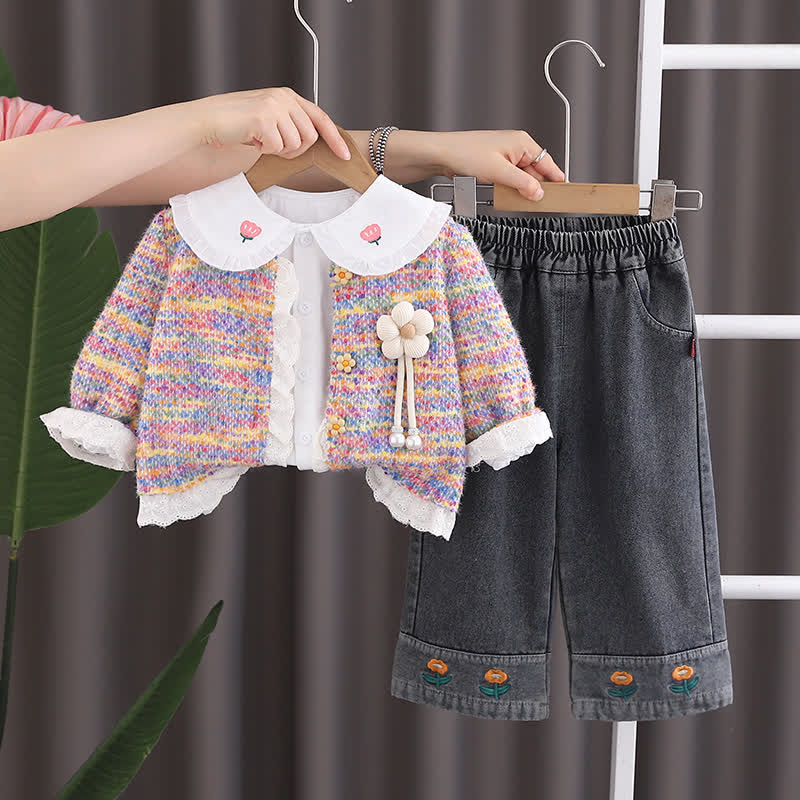 幼児用女の子向け花柄パッチ付きカーディガンとデニムの3点セット - ピンク - 4～5歳 - image 2