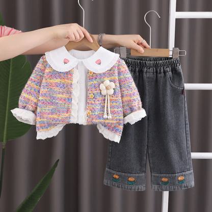 幼児用女の子向け花柄パッチ付きカーディガンとデニムの3点セット - ピンク - 4～5歳 - image 2