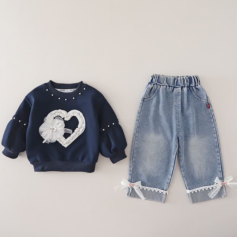 幼児用女の子向けレースハート柄スウェットシャツとデニムパンツのツーピースセット - 海軍 - 4～5歳 - image 2